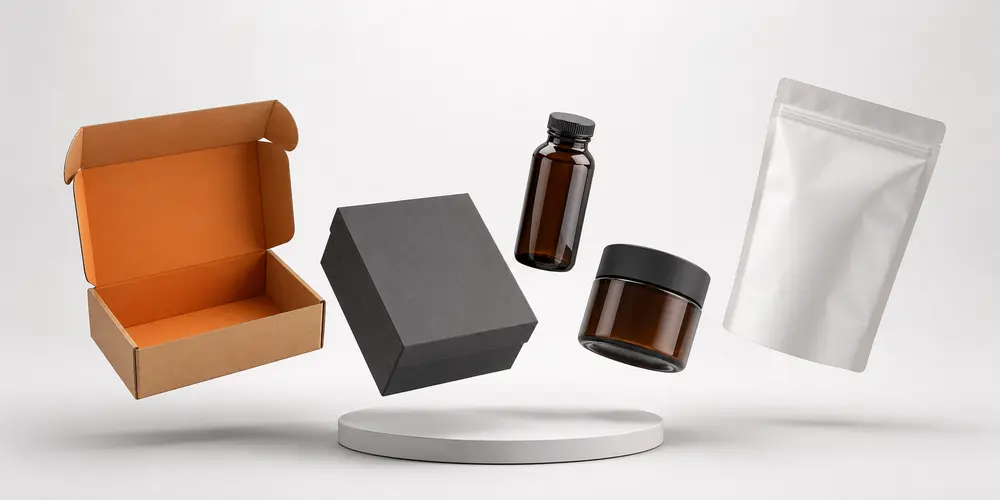 Packaging design mockups shown in three dimensions
