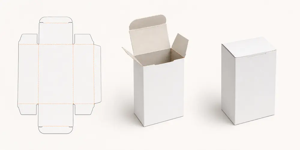 A finished food packaging box beside its design plan