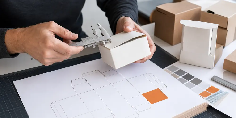 A packaging specialist reviewing a box design before production